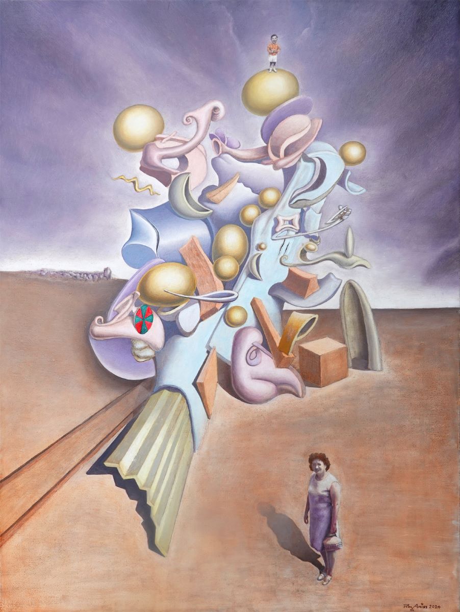 surrealist oil painting on canvas entitled:'Made it Ma! Top of the World!', by Roy Ernest Amiss.